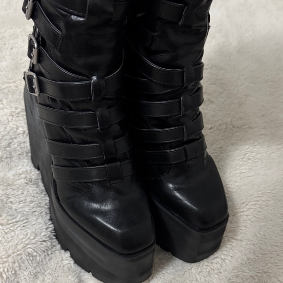 Gothic Black Buckle Strappy Monster Wedge Knee High Platform Boots - 9 - Picture 16 of 17
